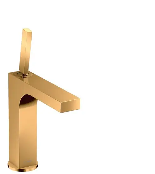 Einhebel-Waschtischmischer in polierter Goldoptik von AXOR mit einem rechteckigen Auslauf und einem langen, schmalen Griff. Ideal für moderne Badezimmerdesigns.